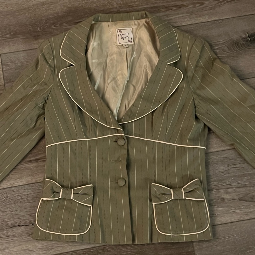 Vintage green pinstriped Nanette Lepore blazer, bow details on the pockets